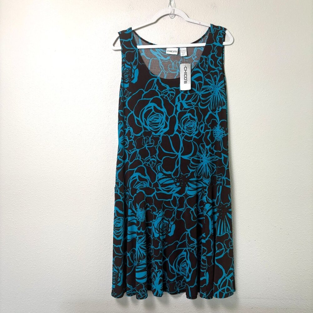Chicos Dried Fleur Bliss Basque Dress Womens 2 US L Brown Teal Sleeveless NWT